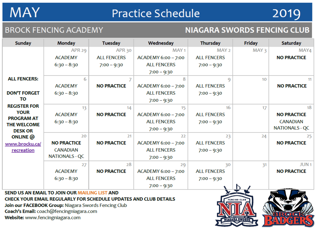 Brock Practice Schedule Niagara Swords Fencing Club